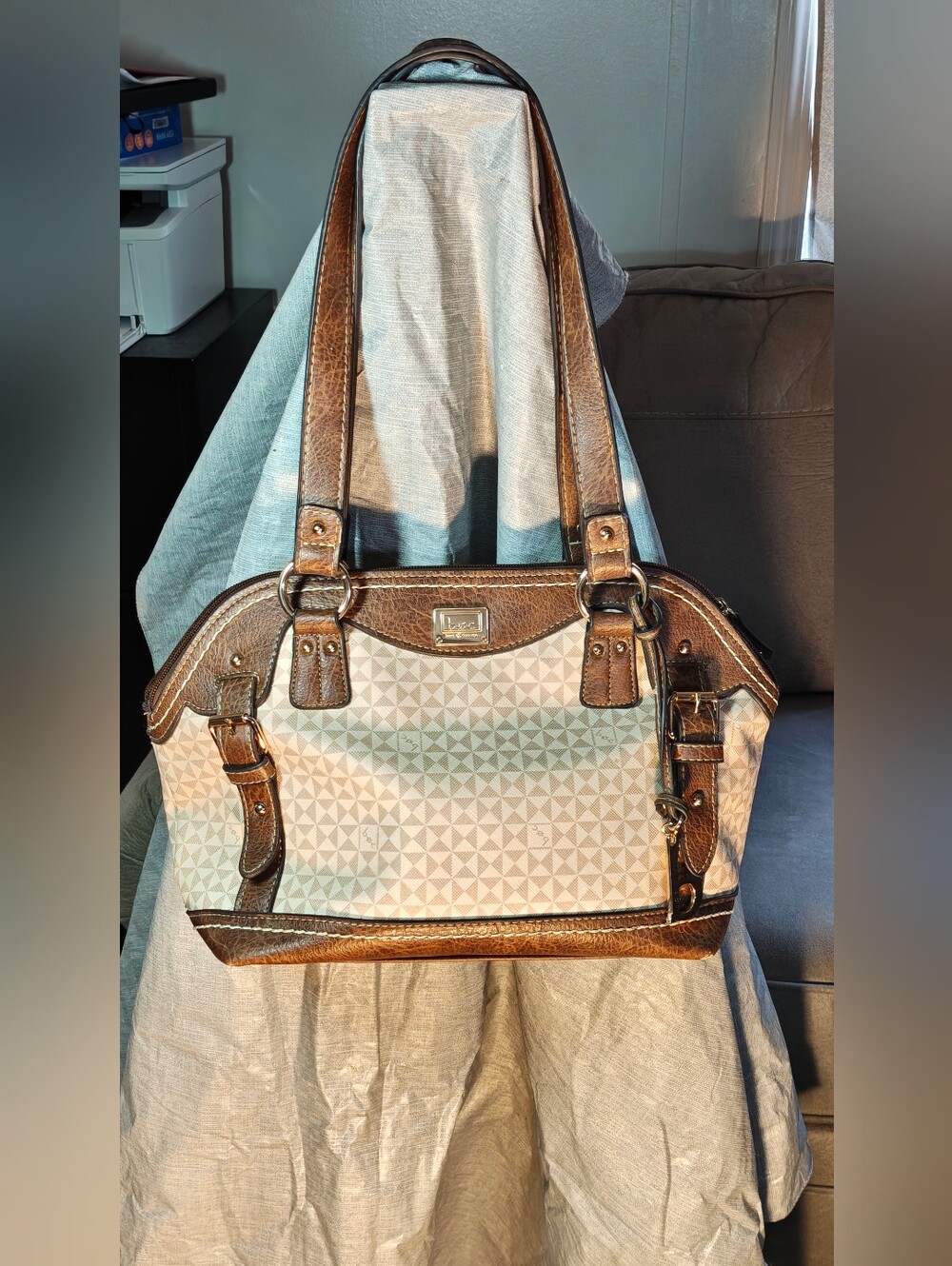 boc Brown and Cream Geometric Shoulder Tote